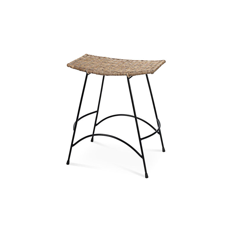 Black Metal and Woven Rattan Backless Counter Stool