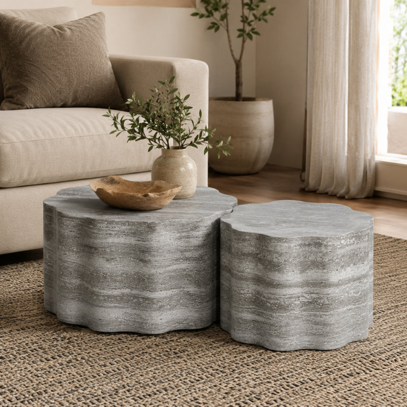 Ensemble de tables basses rondes modernes 2 pièces avec dessus en faux marbre Caston, Gris