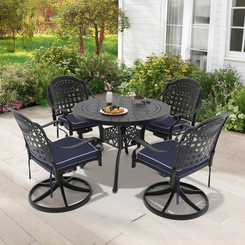 5-Piece Round Cast Aluminum Patio Dining Set with Swivel Chairs & Cushions, 28.35" H x 39.37" L x 39.37" W