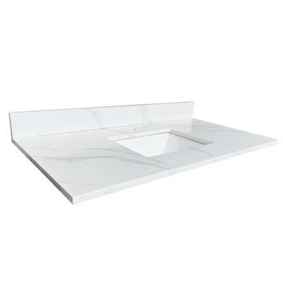 Plateau de meuble-lavabo en quartz 43 po, lavabo central encastré à simple cuve de 3/4 po d'épaisseur, dosseret de 4 po de hauteur, 1 trou de robinet pré-percé, résistant aux taches et à la chaleur, quartz blanc de Carrare avec veines