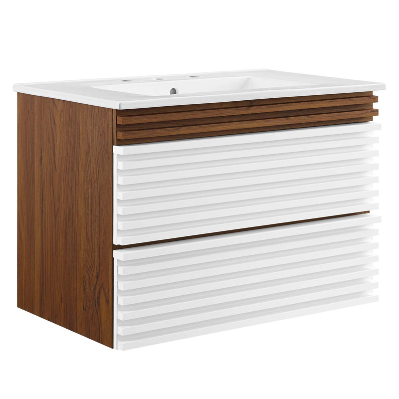Crawley 30" Wall-Mount Bathroom Vanity, White, White/Walnut