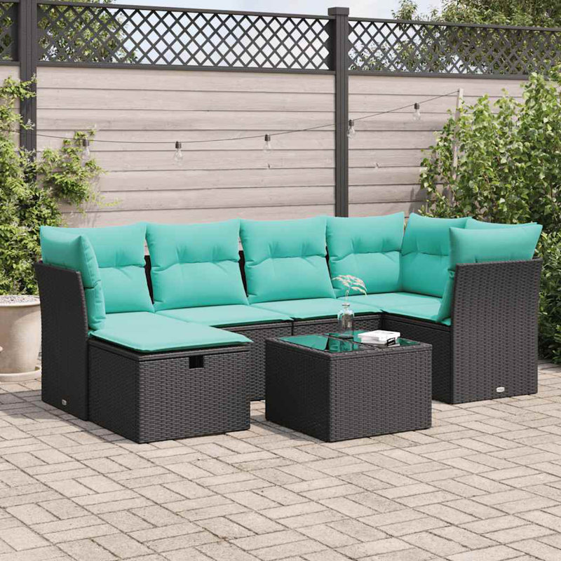  Ensemble de canapé de patio 7 pièces avec coussins en rotin de polyester, Noir, Vert
