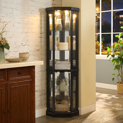 Vitrine de coin lumineuse - Vitrine de salon, objets de collection antiques, rangement pour verres à vin et à bar - Conception élégante d'angle avec lumières incluses