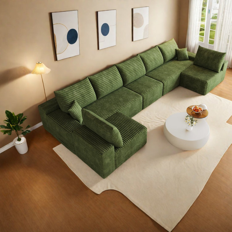 Canapé d'angle moderne sans assemblage, 166,7 pouces, en velours côtelé moelleux, en forme de U, pour la maison, Vert