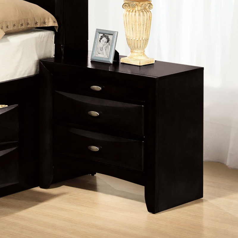 Table de chevet à 2 tiroirs en bois massif noir avec poignées à boutons ovales en nickel et tiroir supérieur doublé de feutre, style contemporain, facile à assembler, l 25,5 po x P 17 po x H 25,5 po, armoire transitionnelle, tiroirs