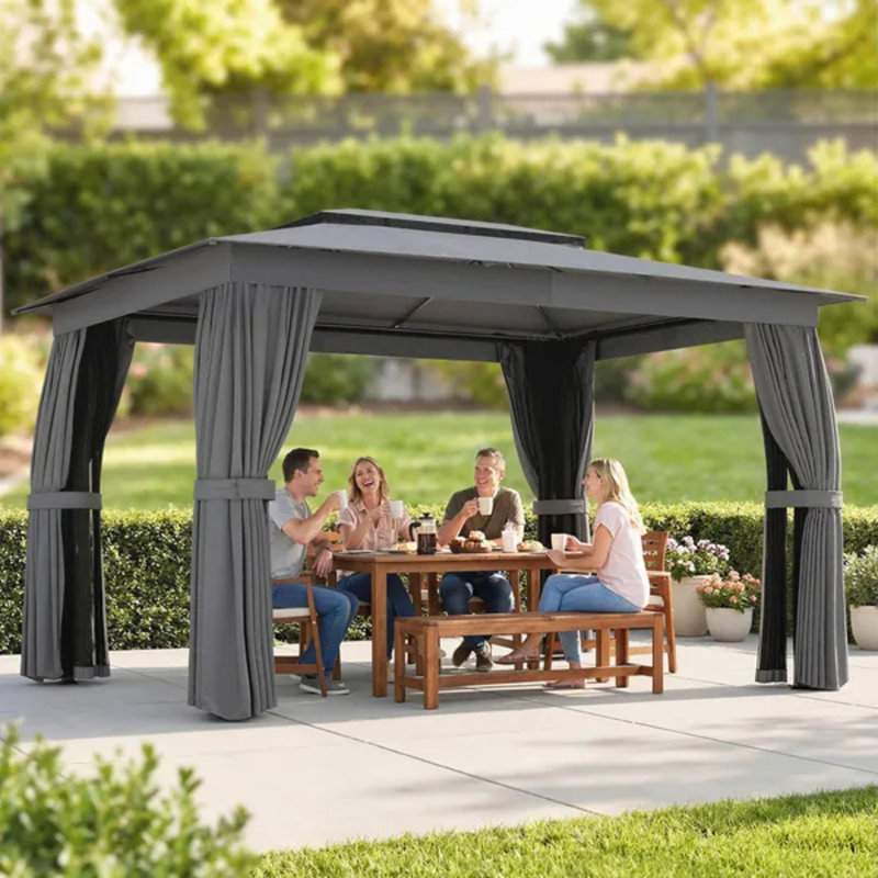Abri de jardin extérieur gris foncé 10 x 12 pi, abri à toit souple à deux niveaux avec rideaux d'intimité et filet grillagé, structure en acier stable avec crochets de plafond