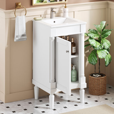 Armoire de salle de bain de style français 18 po avec rangement, solution pour petit espace avec lavabo en céramique, tablette réglable, charnières à fermeture en douceur