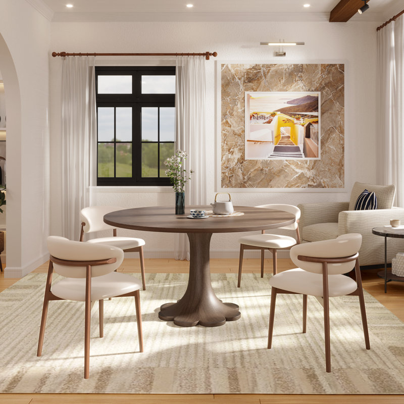 Dark Walnut Tone Solid Wood Round Dining Table Floral Shape 4-8 Seats, 29.52"H x 47.24"L x 47.24"W