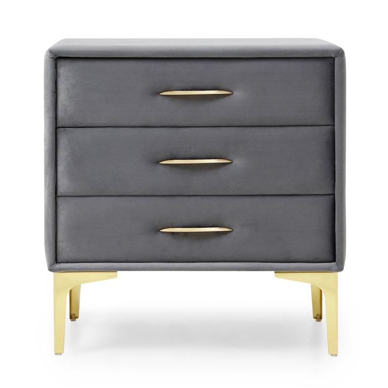 Elegant Velvet Upholstered Nightstand With Gold Legs, Gray Velvet 