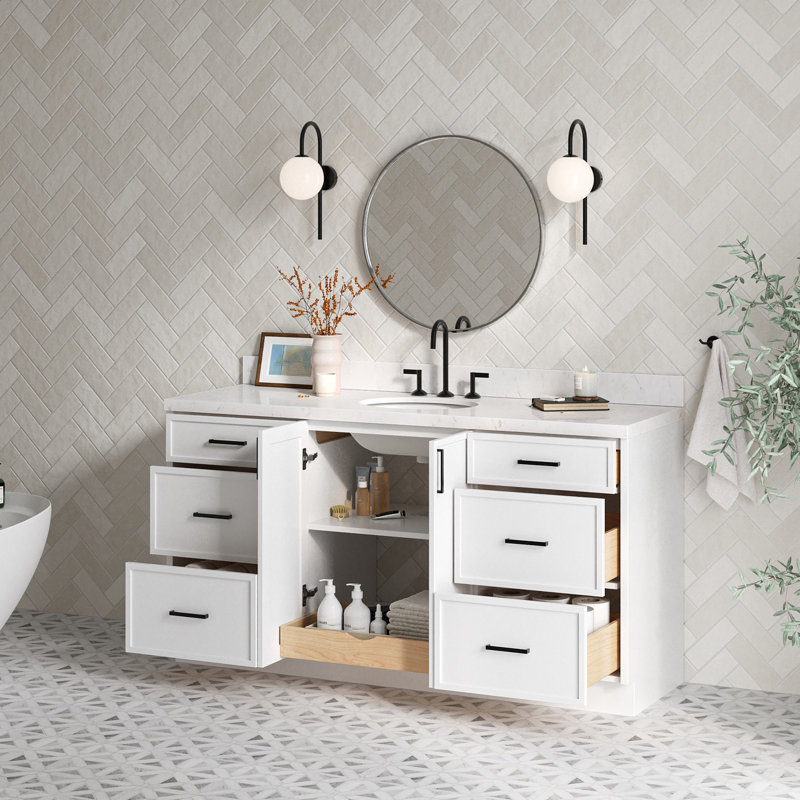 Ariel Kellie 66 Inch Single Oval Sink Bathroom Vanity With Carrara Quartz Countertop, White