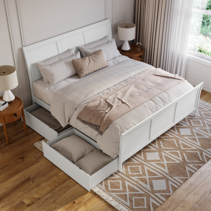 Lit plateforme Portland avec pied de lit et tiroirs de rangement assortis, Blanc, Très grand
