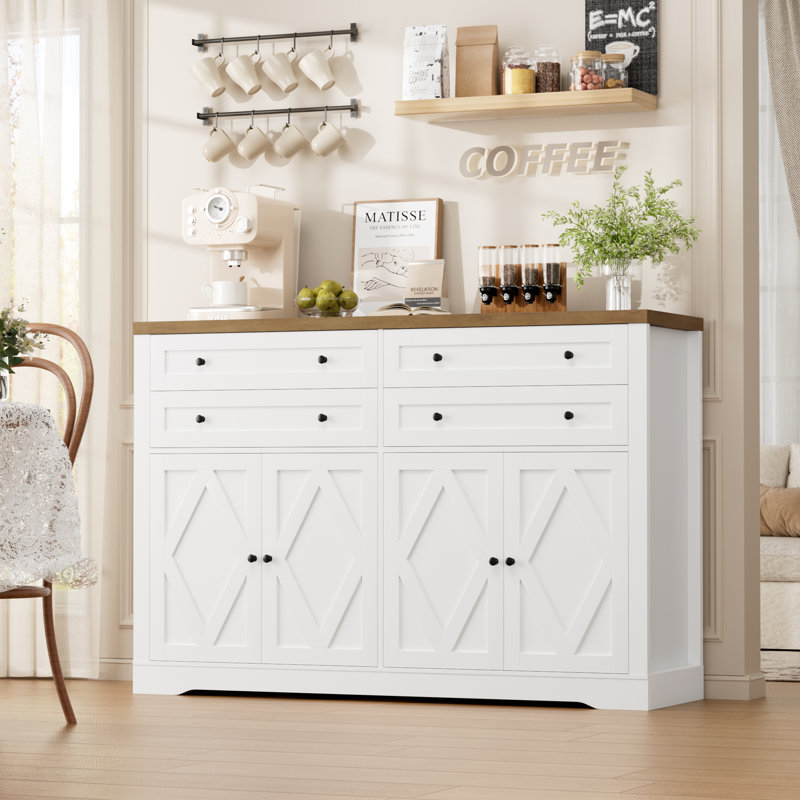 55.1" W Sideboard with 4 Drawers, Thickened Desktop, Rustic Brown/White