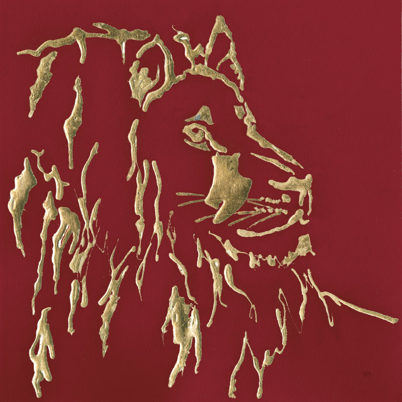 «Gilded Lion» encadré par Chris Paschke, Non, H 36 po x l 36 po x P 1,25 po, Papier avec cadre argenté