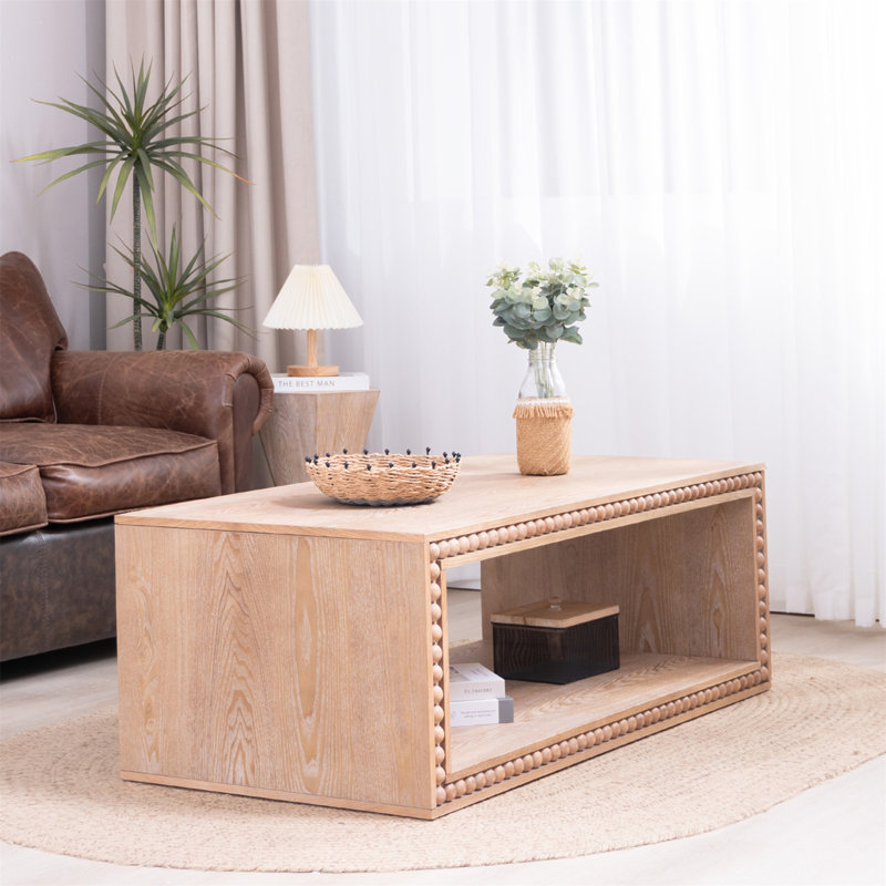 Table basse rustique à bord perlé rustique - 47,6 po avec tablette de rangement ouverte, finition naturelle, style campagne moderne