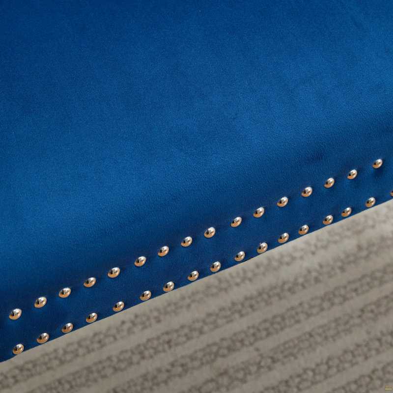 Banc en velours pour causeuse double pour la salle à manger, sièges de cuisine et de salle à manger, banc capitonné à 2 places avec boutons faits à la main, dossier à oreilles, pieds en acier inoxydable argenté brossé, style Mid-Century, paquet simple, bleu, SW1702BL