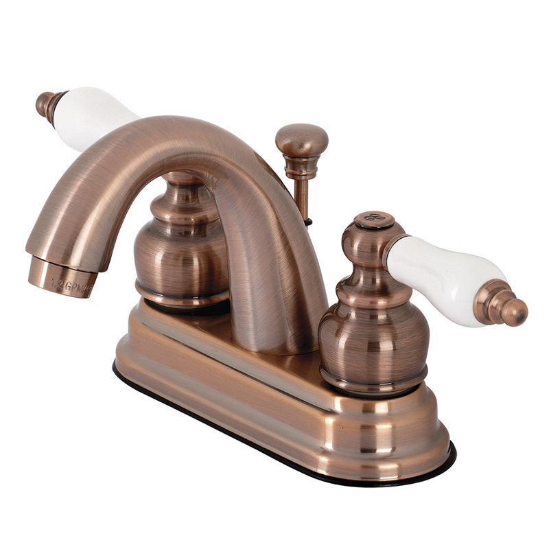 Kingston Brass Restoration Two-Handle 3-Hole Deck Mount 4" Centerset Bathroom Faucet, Antique Copper