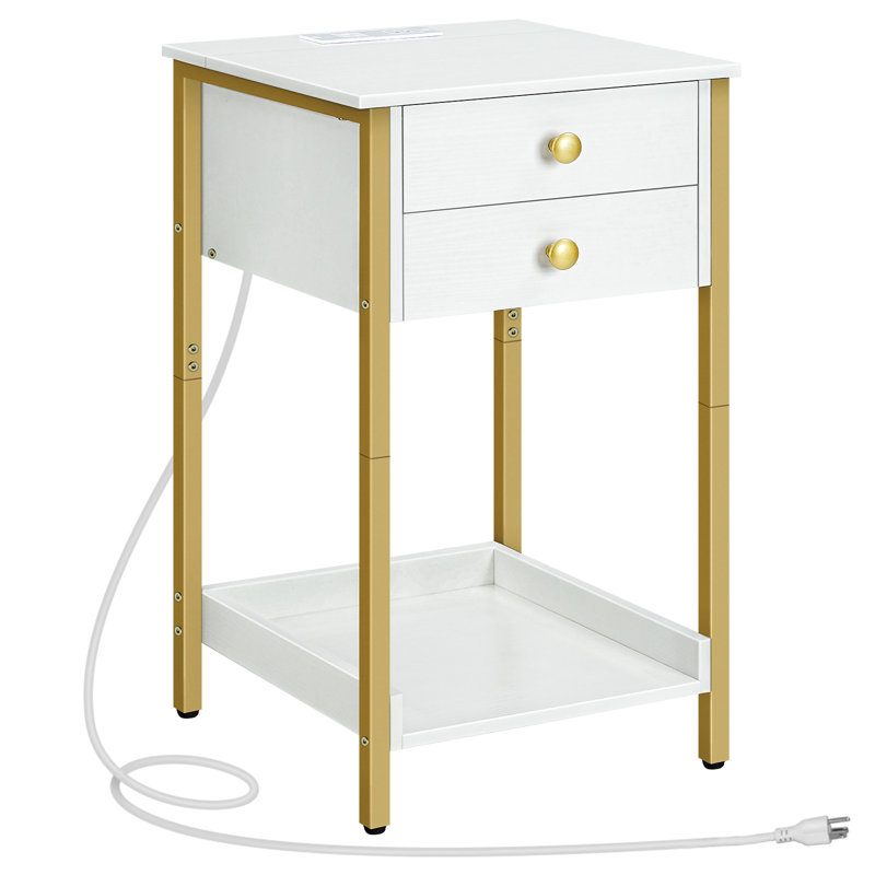 Ballinger Nightstand with Storage and Built-In Outlets, White/Gold