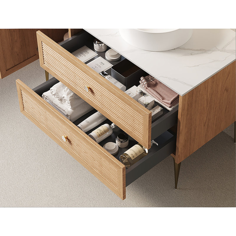 Armoire de salle de bain autoportante 48 po MUNIN avec comptoir en pierre frittée blanc de Carrare, deux tiroirs et une porte, sans lavabo