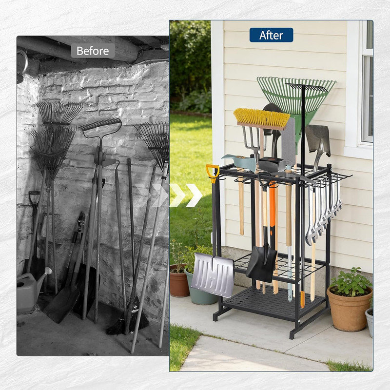 Garden Tool Organizer,3 Tier Yard Storage Rack With Shelves,Heavy Duty Holder With Long-Handled Slots& Hooks for Yard Shed and Lawn