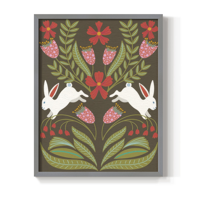 «Folk Flower And Rabbit I», Gris, H 11 po x l 9 po