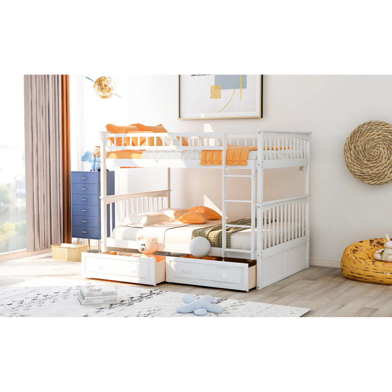 Full Over Bunk Bed With Storage Drawers In White - Solid Pine For Bedroom Utility Convertible Drawers, Size White, Wood Construction