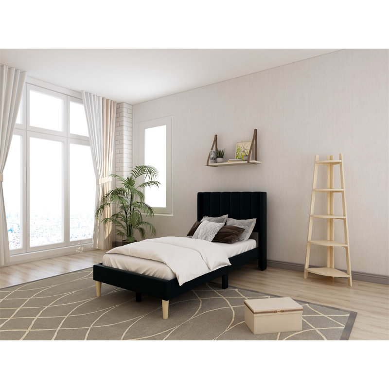 Lit plateforme tapissier avec tête de lit à oreilles Eriksay, Simple, Lin gris et noir