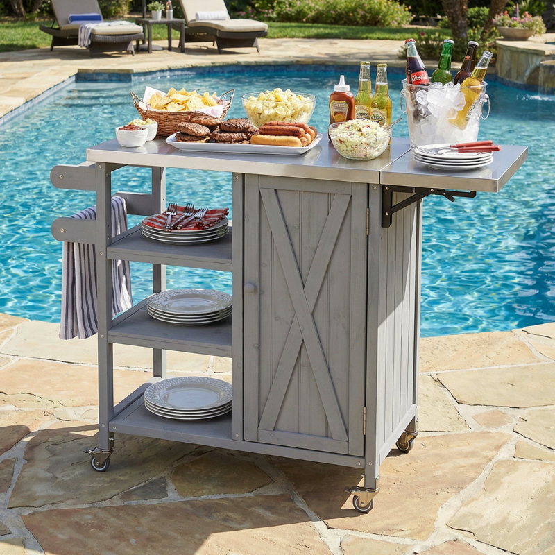 Foldable Outdoor Kitchen Island Patio Kitchen Island Outdoor Kitchen Cart Portable Prep Station With Lockable Wheels, Storage Cabinet And Towel Rack For Patio And Outdoor