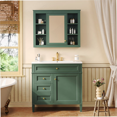 Meuble-lavabo 36 po avec armoire à pharmacie, armoire de rangement moderne avec 2 portes à fermeture douce et 4 tiroirs, meuble-lavabo simple