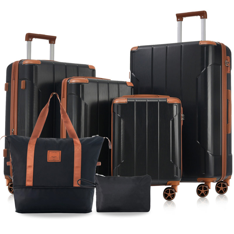 Hardshell Luggage Sets 6 Piece Suitcase Set, Black Brown