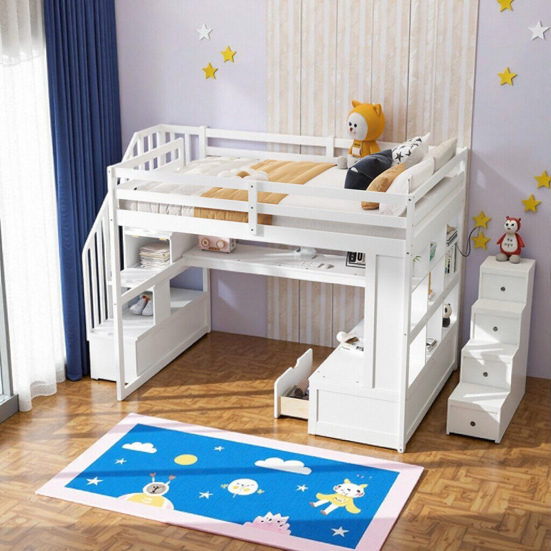 Lit mezzanine double compact avec bureau intégré, tablettes et 2 tiroirs de rangement - blanc et naturel, Blanc