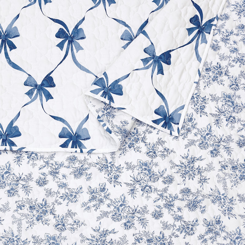 Abigail Bow Reversible Lightweight Quilt Set, Full/Queen Quilt + 2 Standard Shams, Blue