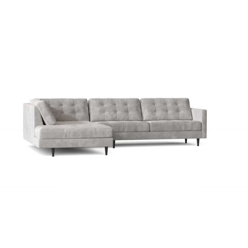 Olivia Upholstered L-Shaped Sectional, Velvet White, Walnut, Right Hand Facing
