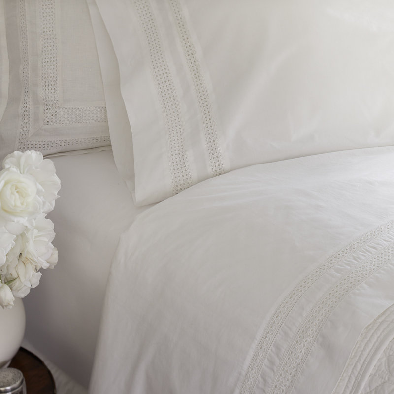 Dorset White Crochet Cotton Sheet Set, Queen Sheet Set with 2 Pillowcases