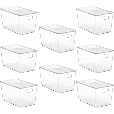 Paquet de 8 bacs de rangement empilables transparents avec couvercles, très grand contenant en plastique avec poignée pour rangement et garde-manger, parfait pour la cuisine, le réfrigérateur, l'armoire, le placard, la salle de bain