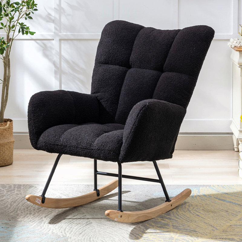 Fauteuil berçant à oreilles en tissu Teddy avec poche de rangement latérale, chaise berçante d'allaitement douce et confortable, base en bois massif robuste et sécuritaire, chaise d'appoint polyvalente pour chambre de bébé et salon, brun