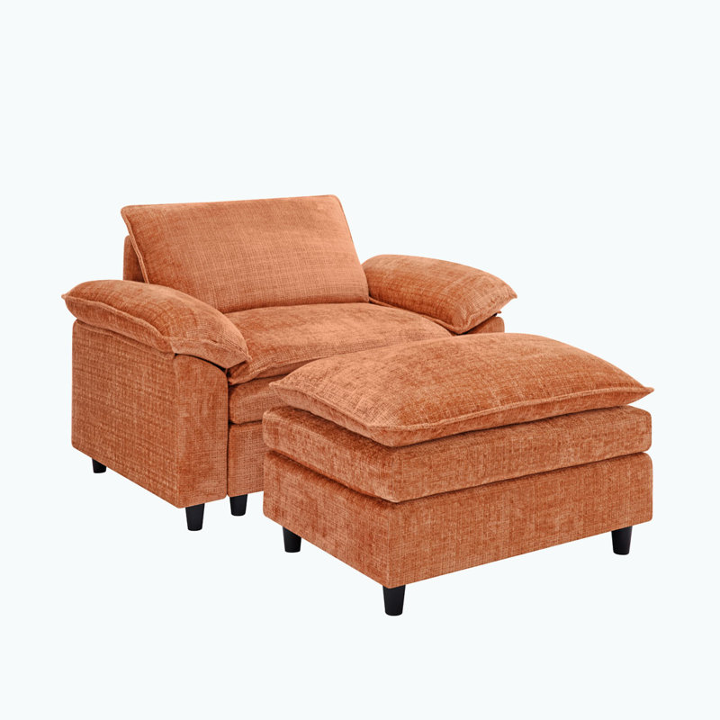 Fauteuil surdimensionné avec repose-pieds Chenille, Chenille orange