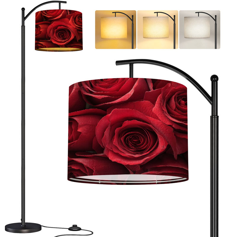  Arc Floor Lamp Close up red roses Tall Modern Standing Lamp LED Adjustable Linen Lampshade 3 Color Temperatures