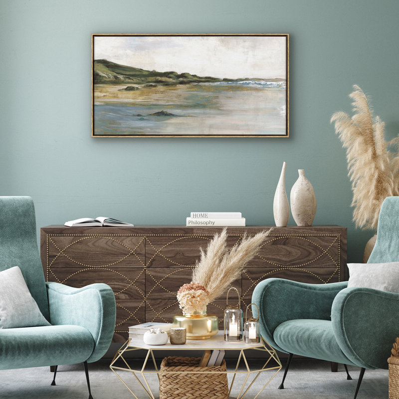 20x40 Canvas Wall Art Featuring a Sandy Shore, Green Hills and Blue Ocean - Coastal Wall Art, 20"x40"