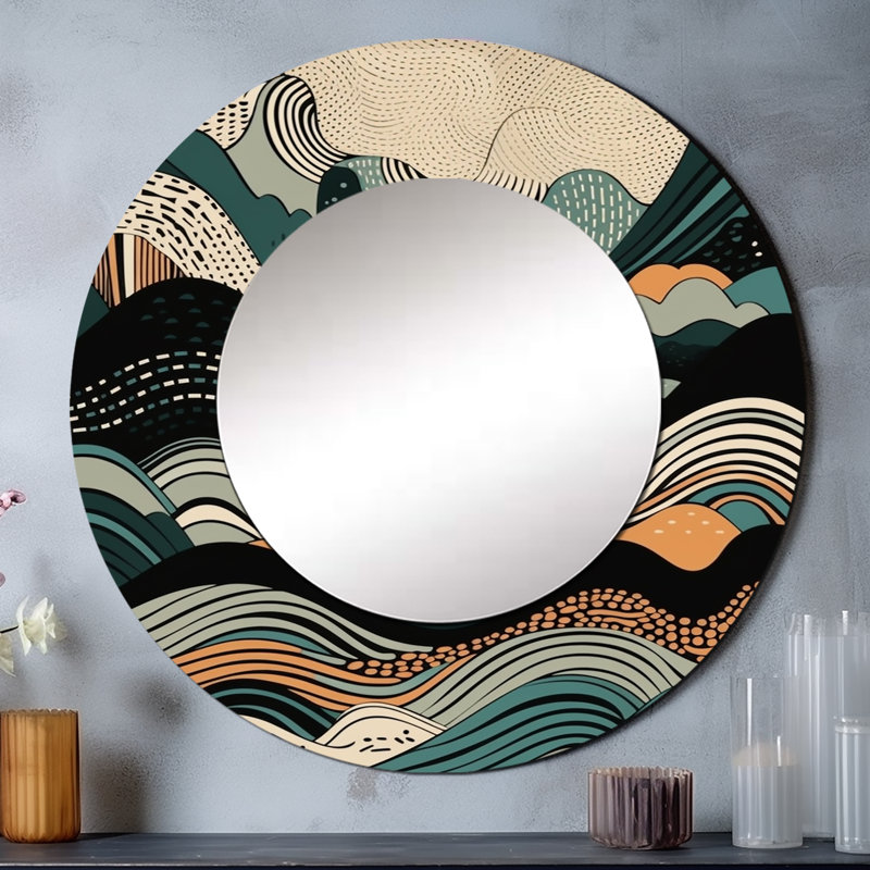 «Sabur» sarcelle, dessin au trait noir Elegance II - formes abstraites, miroir mural rond moderne, impression sur métal