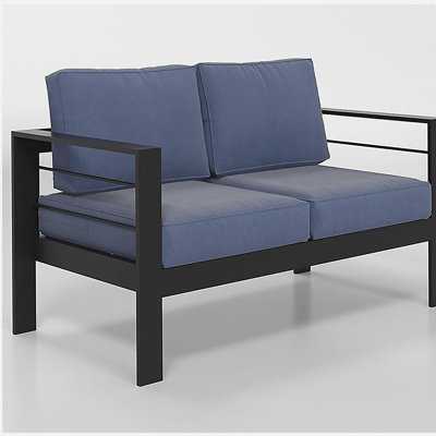 50" All-Weather Aluminum Patio Loveseat with Thick Blue Cushions & Black Frame
