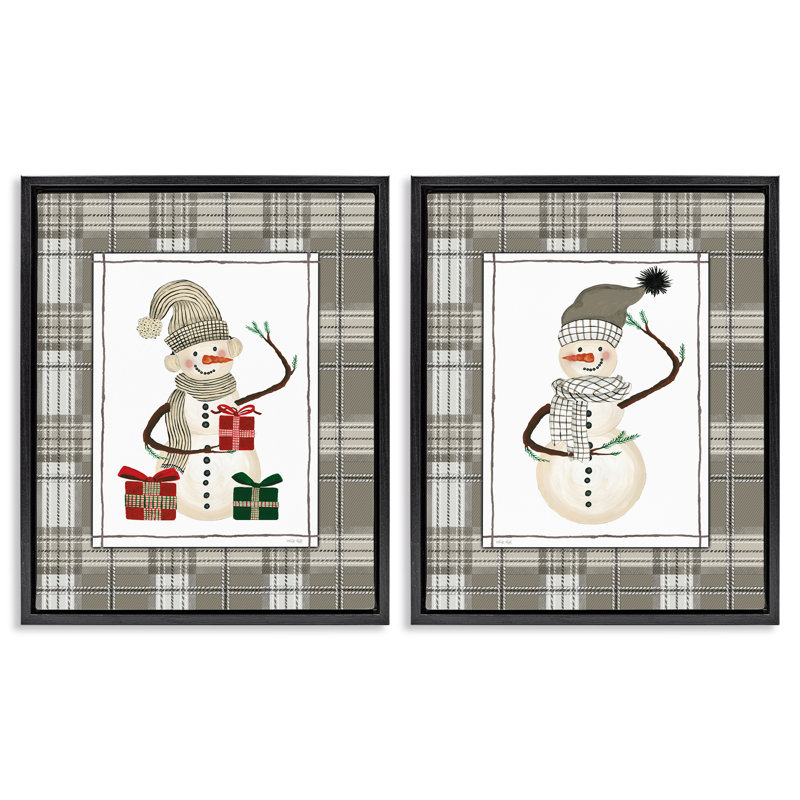 Ensemble de 2 cadres flottants Cozy Snowmen on Plaid, design par Cindy Jacobs, Cadre flottant noir de jais, H 21 po x l 17 po