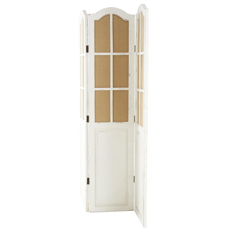 Bigham Beige Wood Hinged Foldable Partition 3 Panel Room Divider Screen w/ Burlap Window Pane Design