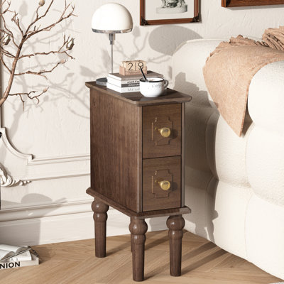 Petite table de chevet, table de chevet étroite en bois massif avec 2 tiroirs, table de chevet moderne noyer Mid-Century, petite table d'appoint pour chambre à coucher (8 pouces)