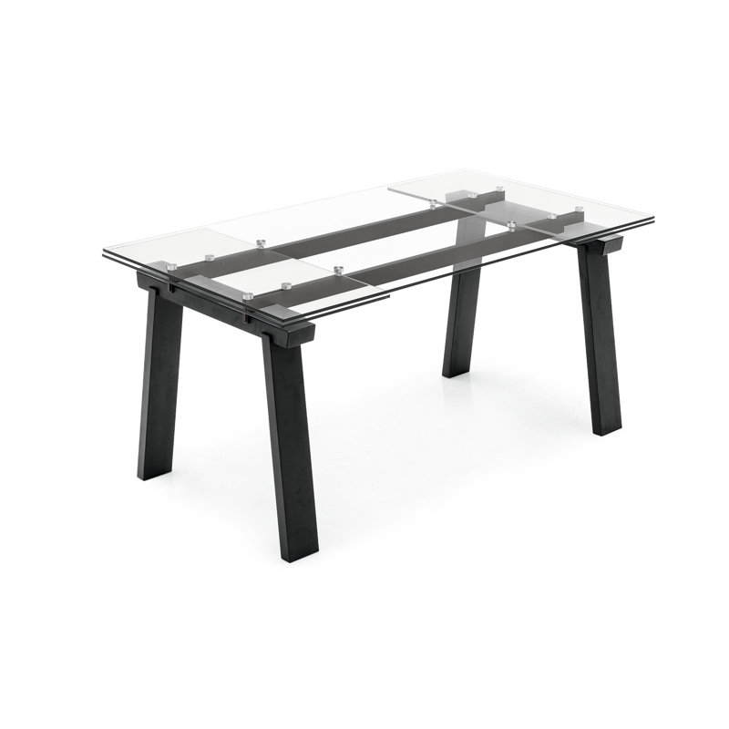 Levante Glass Extendable Table with Wooden Legs, 30"H x 55.13"L x 35.5"W, Clear, Black