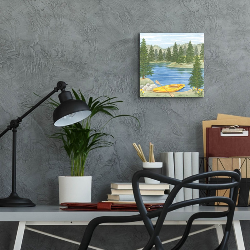  «Kayak At The Lake» par Deb Strain, art mural en verre acrylique, 12 po x 12 po