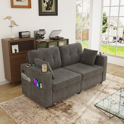 Modern Three-Seat Chenille Sofa With Built-In USB Charging Ports, Storage Chaise, Cup Holder, And Wood Frame For Living Room Or Apartment.
