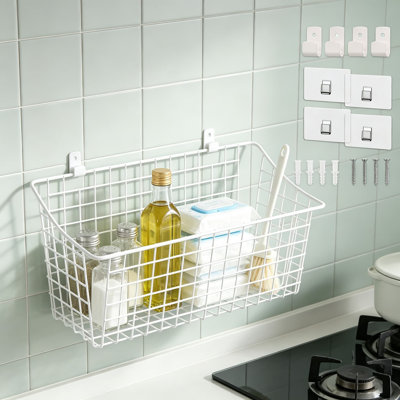 Large Wall Hanging Baskets Set of Two Rustproof Rubber Coating Wall Shelving Organizers Metal Wire Basket Storage with Adhesive Wall Mount for Shower Kitchen Laundry Pantry Cabinet RV