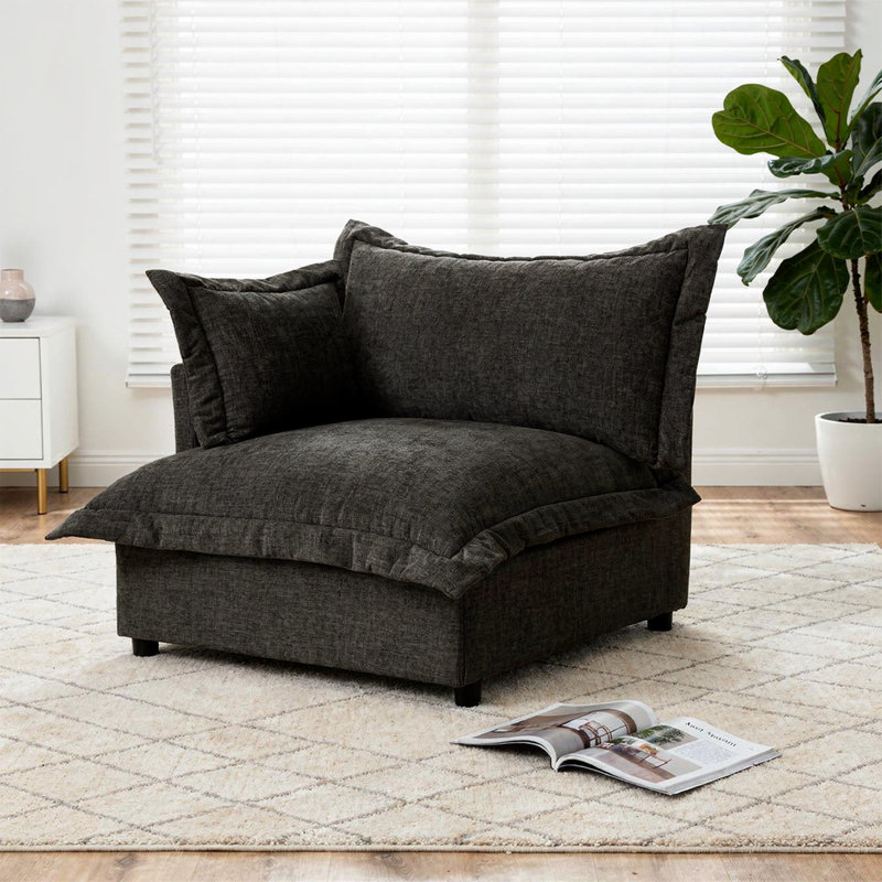 Plush Dark Grey Upholstered Chenille Accent Chair with Oversized Cloud Cushions, Dark Grey