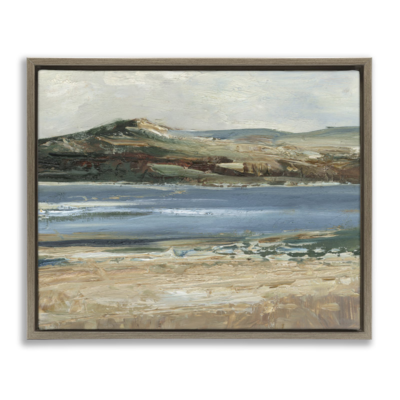 «Calm Riverbank Landscape», art mural encadré par Floater, H 17 po x l 21 po, Cadre flottant orme Montalcino