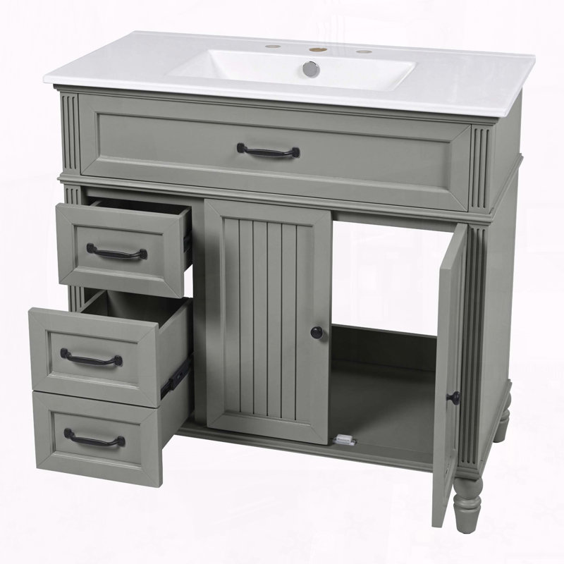 Meuble-lavabo rétro 36 po avec lavabo en céramique et tiroirs à fermeture en douceur, Gray